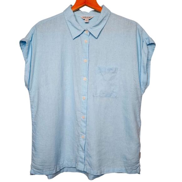 Orvis Blue Linen Short Sleeve Button Shirt Women's Size Small - Picture 1 of 4